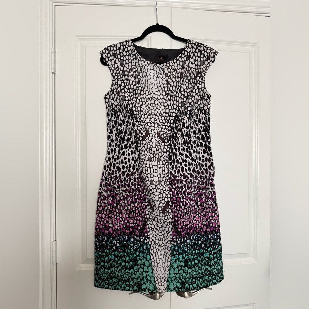 Chic Black and White Mini Dress with Green and Purple Accents